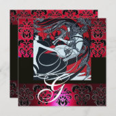 アール・ヌーヴォー レッド ブラック シャンパン ダマスク モノグラム 招待状 (正面/裏面)