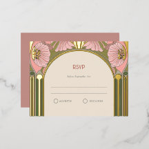 アール・ヌーヴォー ヴィンテージ ピンク グリーン ゴールド 結婚式 RSVP