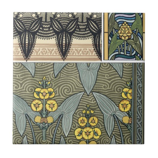 アール・ヌーヴォー ヴィンテージ 矢じり型の花 ガーデンフラワー タイル (正面)