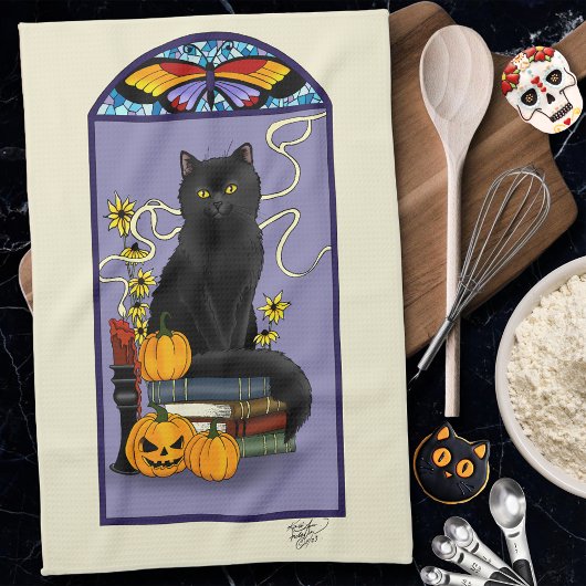アール・ヌーヴォー 黒猫 パンプキン 紫色の秋 黄色 キッチンタオル