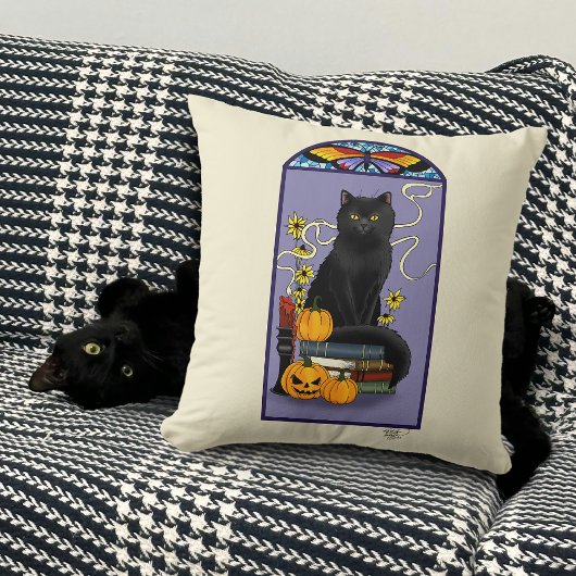 アール・ヌーヴォー 黒猫 パンプキン 紫色の秋 黄色 クッション