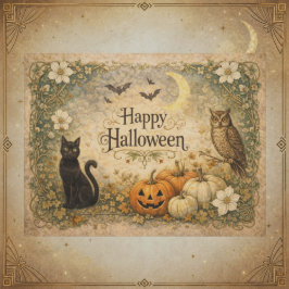 アール・ヌーヴォー 黒猫 フクロウ ハロウィン シーズンポストカード