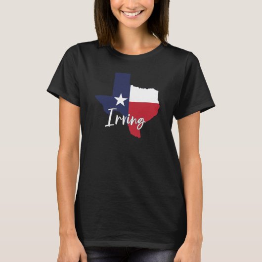 アーヴィング、テキサス州国旗の地図と女性の黒 Tシャツ (正面)