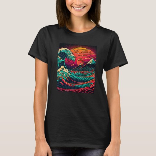 アー日本のト浮世絵スタイルレトロウェーブウ素晴らしェーブ Tシャツ (正面)