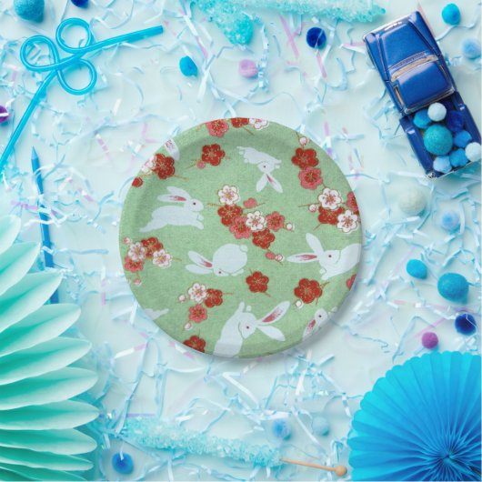 アー日本のト：グリーン桜とウサギ紙プレート ペーパープレート (パーティー)