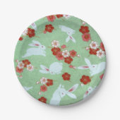 アー日本のト：グリーン桜とウサギ紙プレート ペーパープレート (正面)