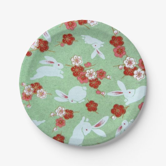 アー日本のト：グリーン桜とウサギ紙プレート ペーパープレート (正面)