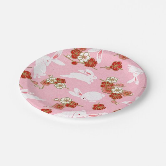 アー日本のト：ピンク桜&ウサギ紙プレート ペーパープレート (アングル)