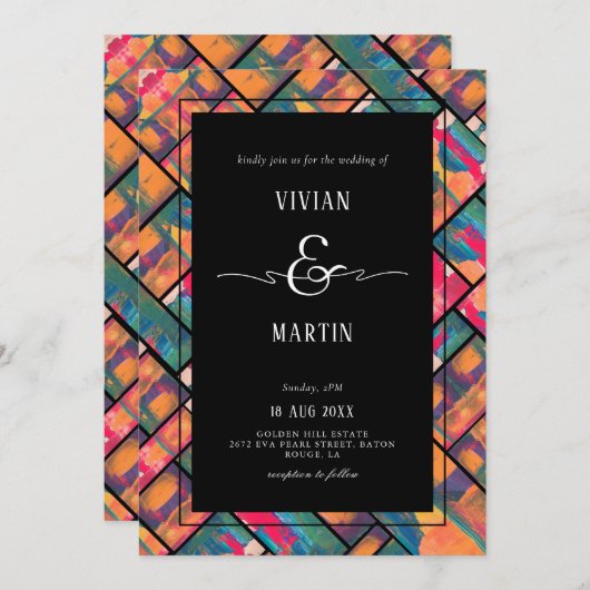 アー絵を描カラフルモダン結婚抽象芸術 招待状 (正面/裏面)