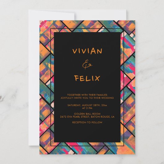 アー絵を描トカラーオレンジモダン抽象芸術結婚ズ 招待状 (正面)