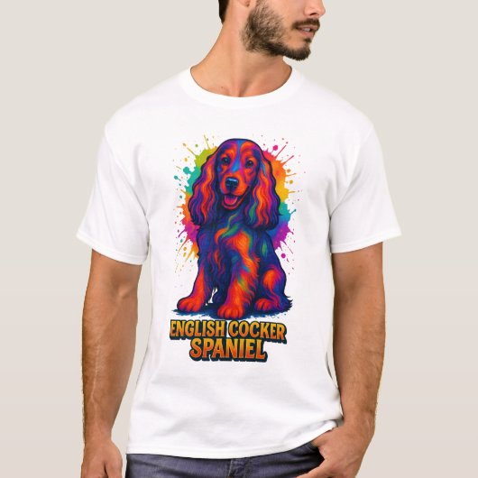 ア鮮やかポップ・アートのート英語コッカースパニエル犬 Tシャツ (正面)