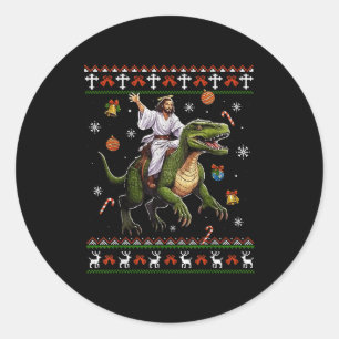 イェスが恐竜に乗る おもしろミーム クリスマスのセーター ラウンドシール
