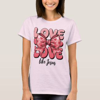 イェス様のように愛を ピンクのハートのリボン キリスト教の信仰 Tシャツ