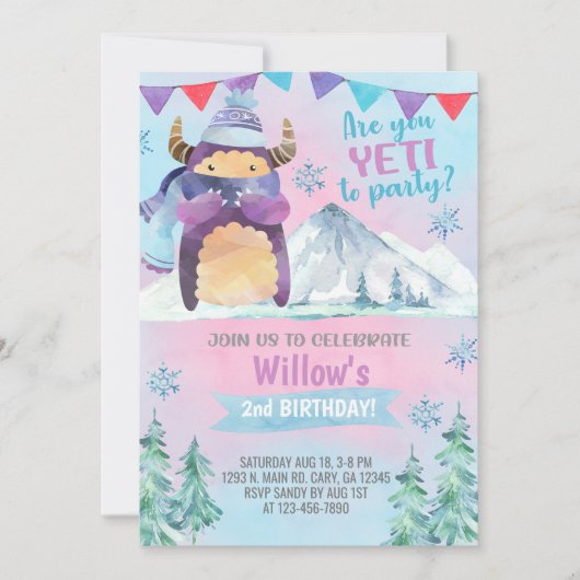 イェティ冬の女の子の誕生日招待状、イェティ招待。 招待状 (正面)