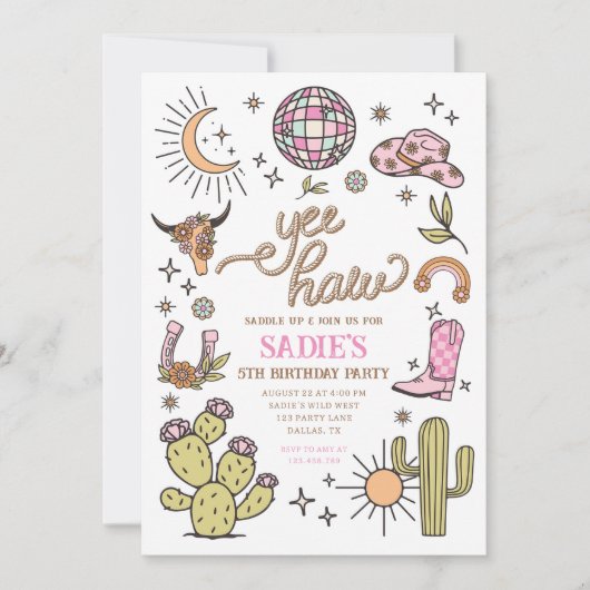 イェーハイガールロデオレトロディスコ女性のカーボーイ誕生日 招待状 (正面)