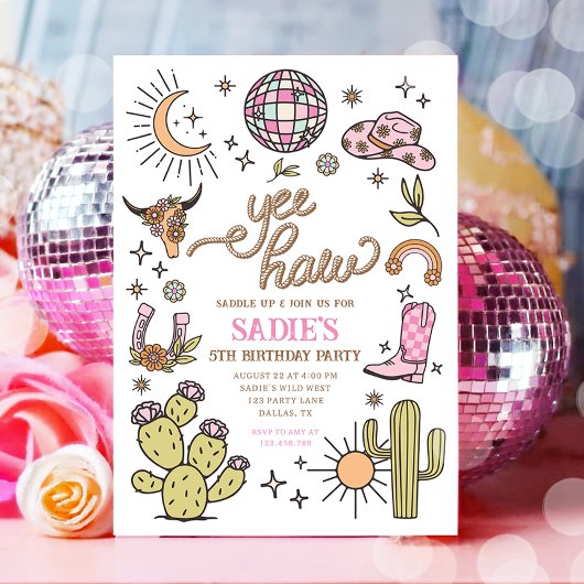 イェーハイガールロデオレトロディスコ女性のカーボーイ誕生日 招待状
