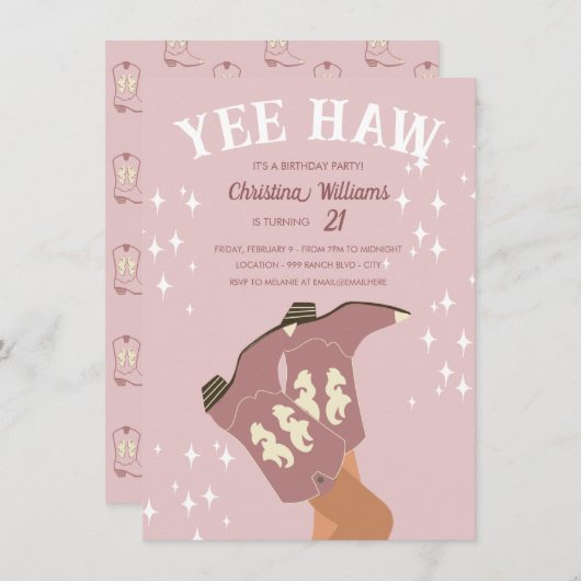 イェーハウモダン赤面ピンクウェスタンカウボーイ誕生日 招待状 (正面/裏面)