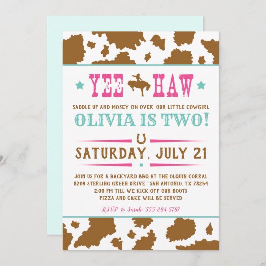 イェーハウロデオ女性のカーボーイ誕生日招待状 (正面/裏面)