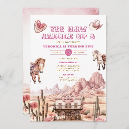 イェー女性のカーボーイロデオワイルドウエストランチ5誕生日 招待状 (正面/裏面)