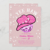 イェー赤面ピンクディスコ女性のカーボーイロデオ誕生日 招待状 (正面/裏面)