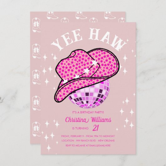 イェー赤面ピンクディスコ女性のカーボーイロデオ誕生日 招待状 (正面/裏面)