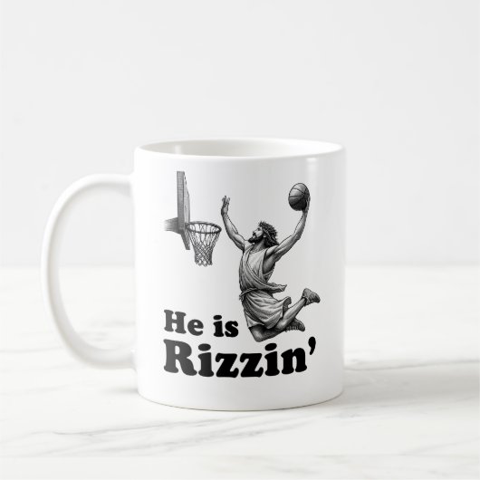 イエスおもしろいバスケ – 彼はRizzin' コーヒーマグカップ (左)