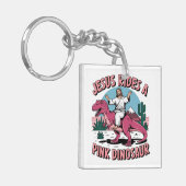 イエスおもしろいミーム、ピンクの恐竜に乗る キーホルダー (正面左)