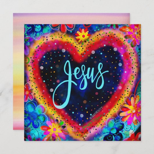 イエスかわいらしフローラカラフルハート感動的 サンキューカード (正面/裏面)