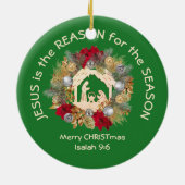 イエスがクリスチャンの聖降誕祭を祝う理由 セラミックオーナメント (裏面)