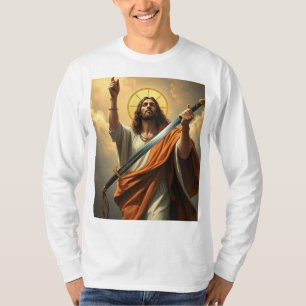 イエスが剣の男の長袖ティーで戻る Tシャツ