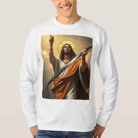 イエスが剣の男の長袖ティーで戻る Tシャツ (正面)