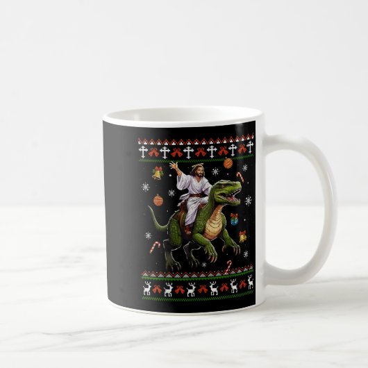 イエスが恐竜に乗る おもしろいミーム クリスマスのセーター コーヒーマグカップ (右)
