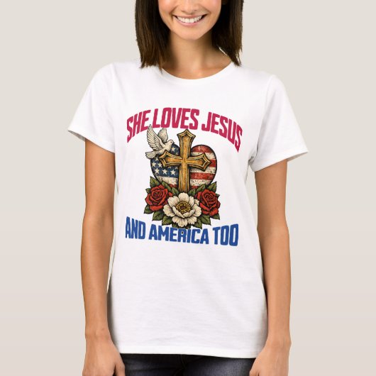 イエスとアメリカを愛する女性 7月4日 クリスチャン Tシャツ (正面)