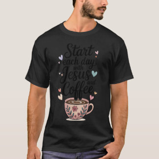 イエスとコーヒーで一日を始めるクリスチャン Tシャツ