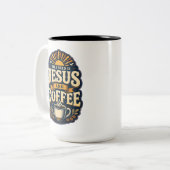 イエスとコーヒー キリスト教の信仰 コーヒー愛好家 ツートーンマグカップ (正面左)