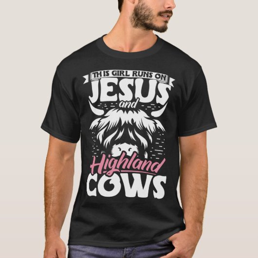 イエスとハイランドで走るハイランド・キャトル・ガール Tシャツ (正面)