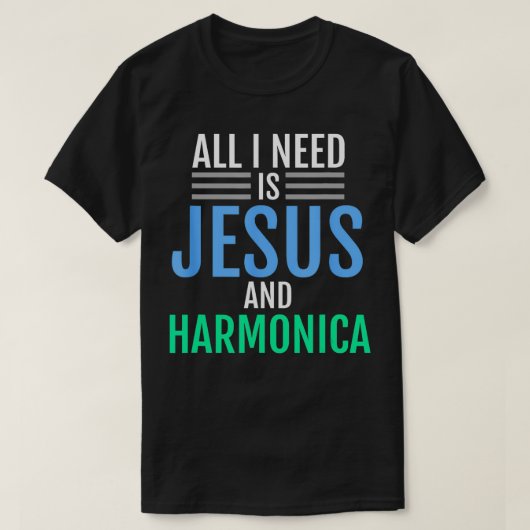 イエスとハーモニカのキリスト教おもしろい音楽ギフト Tシャツ (デザイン正面)