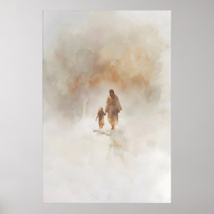 イエスと少女の水彩画キリスト教アート ポスター