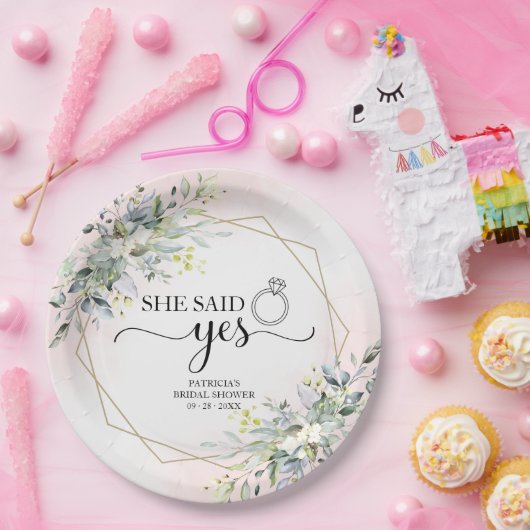 イエスと言った グリーンと幾何学模様のウェディング ペーパープレート (パーティー)