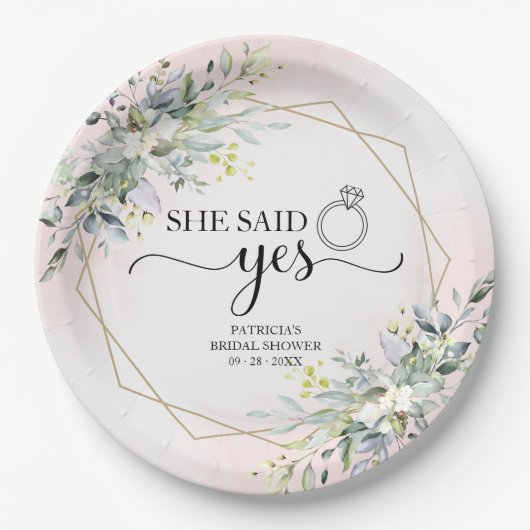 イエスと言った グリーンと幾何学模様のウェディング ペーパープレート (正面)