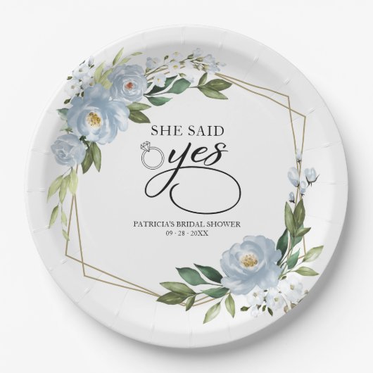 イエスと言った ダスティーブルー 幾何学模様の ブライダルシャワー ペーパープレート (正面)