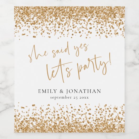 イエスと言った！パーティしよう！ゴールドグリッターエンゲージメント ワインラベル (シングルラベル)