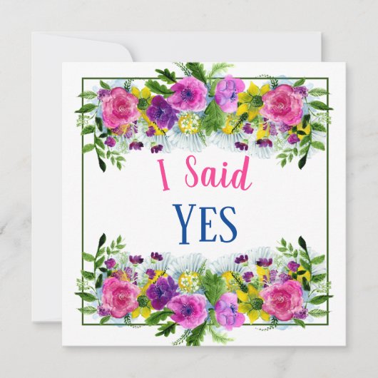 「イエスと言った」ピンクとパープルの花の水彩 招待状 (正面)