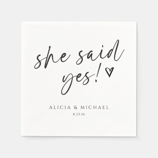 「イエスと言った」 ブライダルシャワーモダン手書き スタンダードカクテルナプキン (正面)