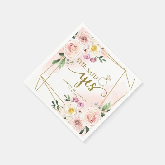 イエスと言った ブラッシュ フラワージオメトリック ブライダルシャワー スタンダードカクテルナプキン (角)