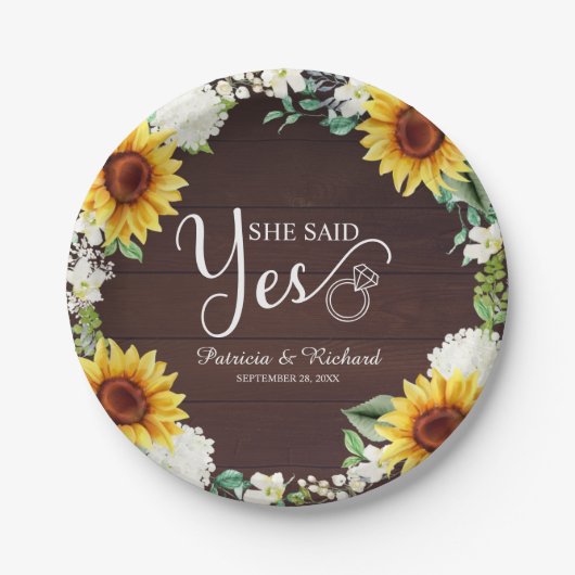 イエスと言った！ ラスティックなひまわりのエンゲージメントパーティー ペーパープレート (正面)