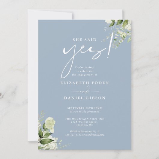 イエスと言った 花のほこりっぽい青い婚約パーティー 招待状 (正面)