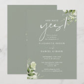イエスと言われた 花のあるサテン グリーンの婚約パーティー 招待状 (正面/裏面)