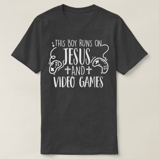 イエスと走ビデオゲームのクリスチャンの少年 Tシャツ (デザイン正面)