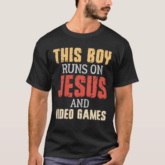 イエスと走ビデオゲームの少年クリスチャンV Tシャツ (正面)